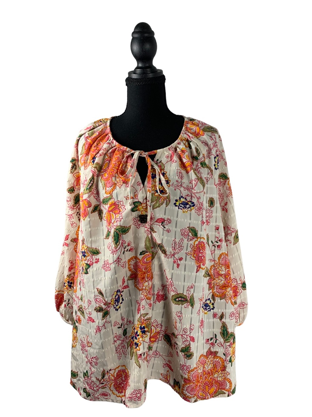 Lane Bryant Cream Floral Tie-Neck Peasant Blouse Women's 14/16 Cottagecore